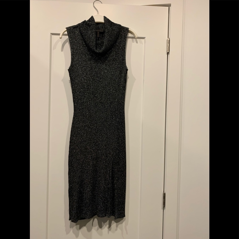 BCBG Sleeveless black/silver knit turtleneck dress